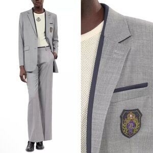 NWT The Kooples Blazon-patch crest logo contrast-piping wool grey blazer jacket